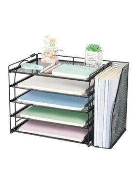 Black Metal Desk Organizer 5 Tier Letter Tray File Holder Office Paper Storage
